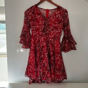 Red above knee dress, bell mid length sleeves